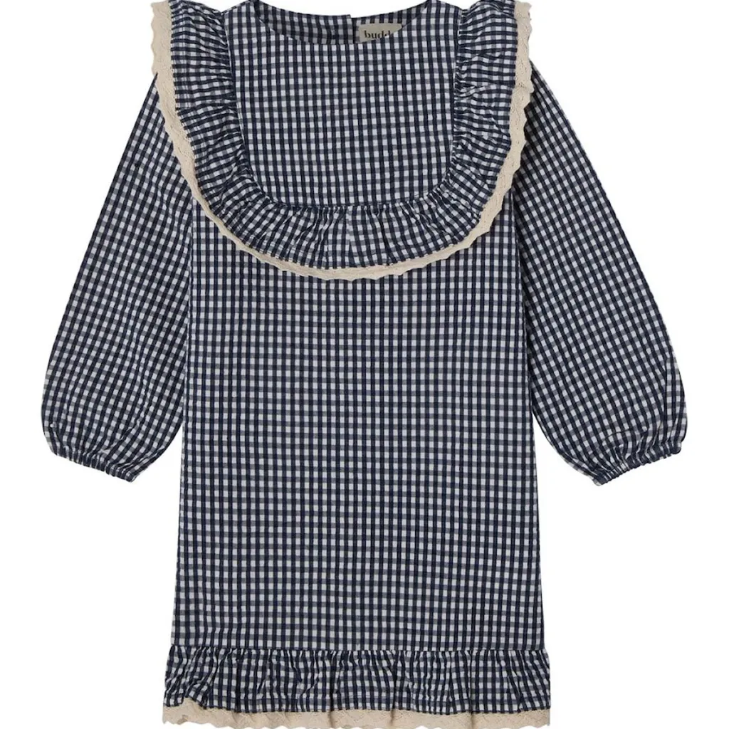 Hot Alice LS Flounce Seersucker Klänning Navy Check Barn Klänningar & Kjolar