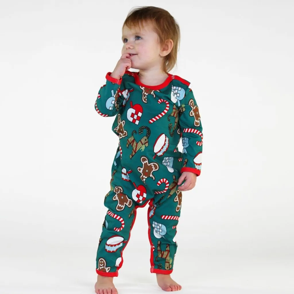Outlet Onesie i Petroleum Green med juldekorationer Barn Bodys & Bodysuits